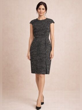 Carolina Herrera Tweed Cap-Sleeve Sheath Dress Black White Designer Size 10